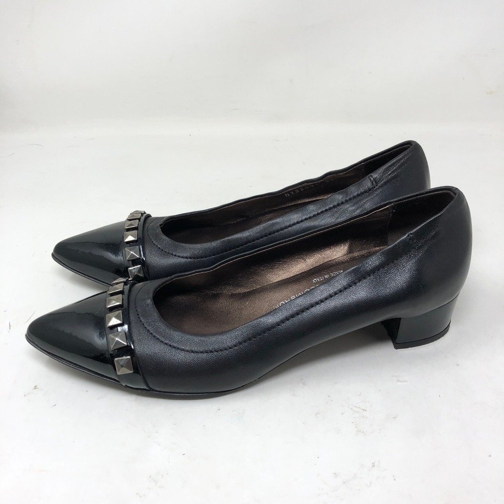 AGL Womens 38 Pumps Black Leather Patent Cap Toe Studded Point Toe Heel - Picture 4 of 9